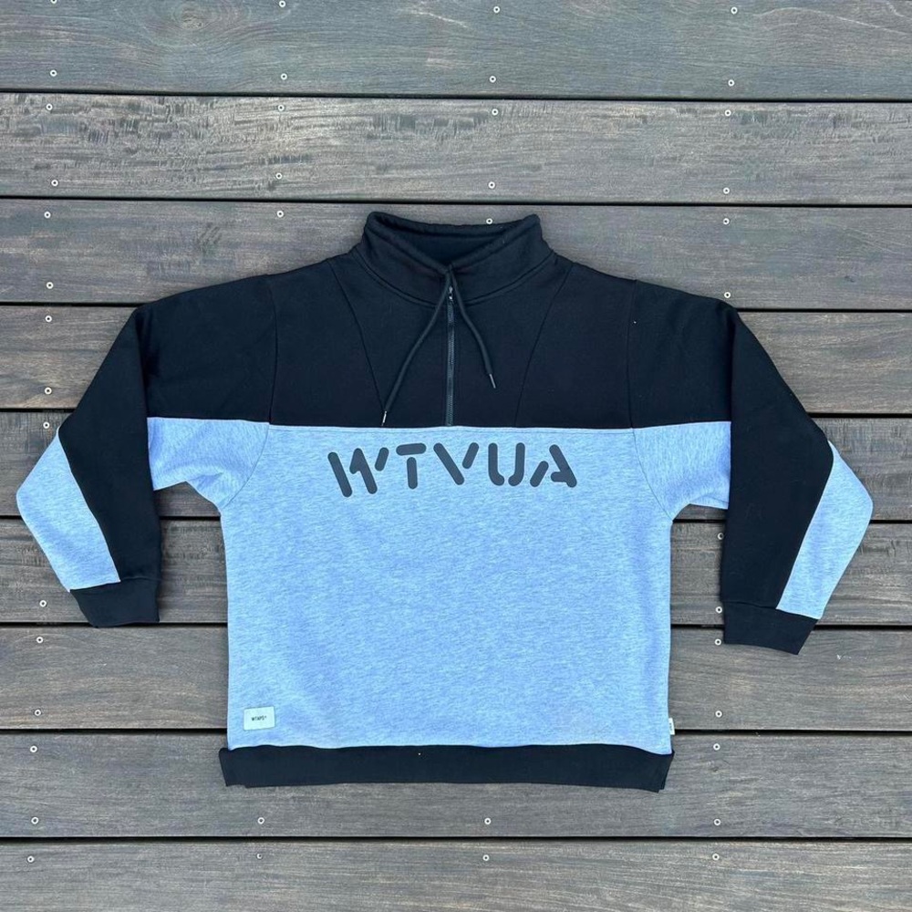 WTAPS SS19 Collection Black/Grey Quarter Zip Sweatshirt w/ WTVUA Spell-Out